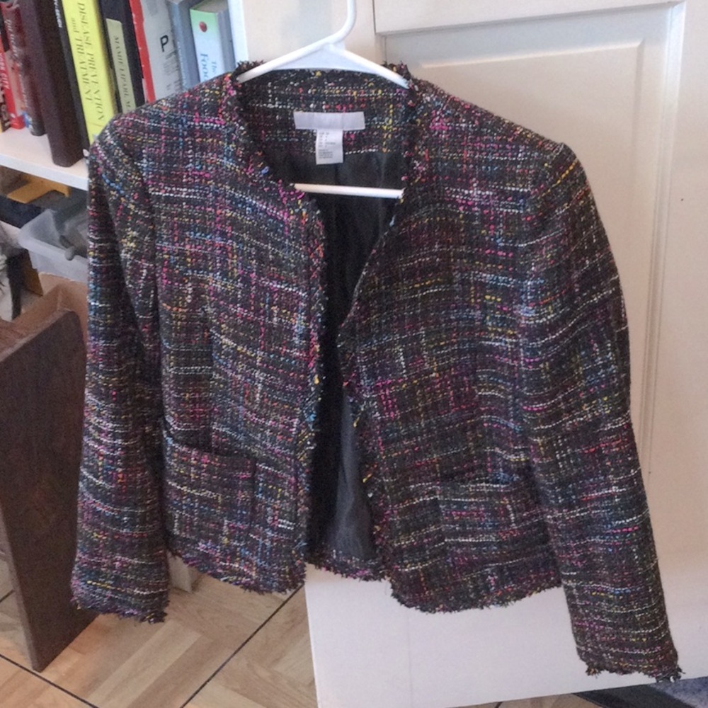 H & M black and multicolored tweed plaid sharp shoulder blazer, size 4